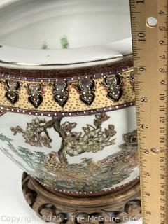 Chinese Floral Koi Fish Bowl Planter with Stand. 10" tall.