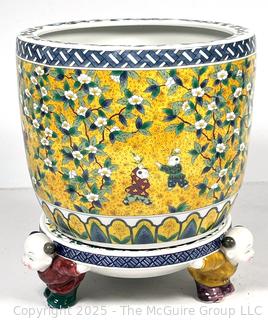 Takahashi Of San Francisco Winds Porcelain Planter and Matching Stand With Small Children as Footers. 8" x 10"