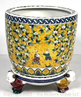 Takahashi Of San Francisco Winds Porcelain Planter and Matching Stand With Small Children as Footers. 8" x 10"