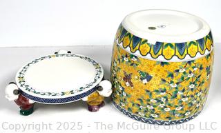 Takahashi Of San Francisco Winds Porcelain Planter and Matching Stand With Small Children as Footers. 8" x 10"