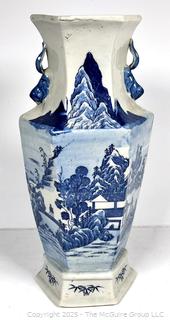 Chinese Blue and White Hand Painted Hexagonal Porcelain Vase 16" tall.