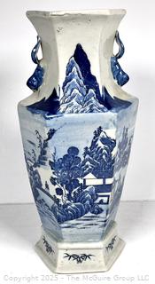 Chinese Blue and White Hand Painted Hexagonal Porcelain Vase 16" tall.