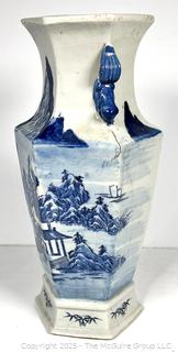 Chinese Blue and White Hand Painted Hexagonal Porcelain Vase 16" tall.