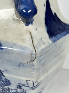 Chinese Blue and White Hand Painted Hexagonal Porcelain Vase 16" tall.