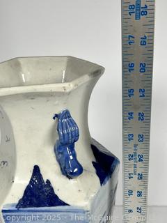 Chinese Blue and White Hand Painted Hexagonal Porcelain Vase 16" tall.