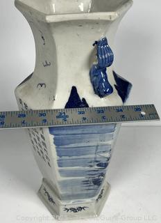 Chinese Blue and White Hand Painted Hexagonal Porcelain Vase 16" tall.