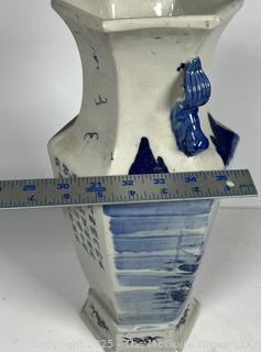Chinese Blue and White Hand Painted Hexagonal Porcelain Vase 16" tall.