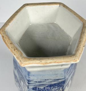 Chinese Blue and White Hand Painted Hexagonal Porcelain Vase 16" tall.