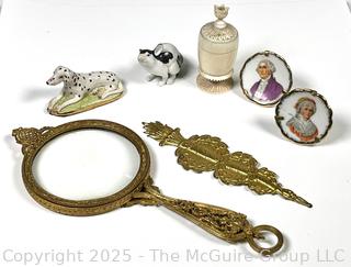 Porcelain Miniatures, Bone Inkwell, Ormulu Magnifying Glass and Porcelain Figurines