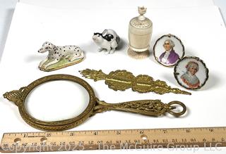 Porcelain Miniatures, Bone Inkwell, Ormulu Magnifying Glass and Porcelain Figurines