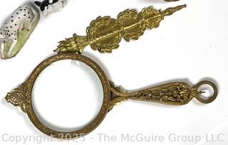 Porcelain Miniatures, Bone Inkwell, Ormulu Magnifying Glass and Porcelain Figurines