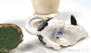 Porcelain Miniatures, Bone Inkwell, Ormulu Magnifying Glass and Porcelain Figurines