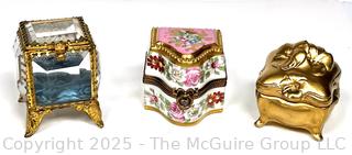 Three (3) Trinket Boxes Including Gilt Art Nouveau and Glass Jewelry Caskets and Limoges France Hand Painted Trinket Box with Three Perfume Bottles