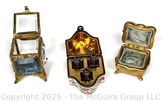 Three (3) Trinket Boxes Including Gilt Art Nouveau and Glass Jewelry Caskets and Limoges France Hand Painted Trinket Box with Three Perfume Bottles