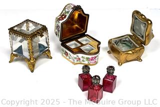 Three (3) Trinket Boxes Including Gilt Art Nouveau and Glass Jewelry Caskets and Limoges France Hand Painted Trinket Box with Three Perfume Bottles