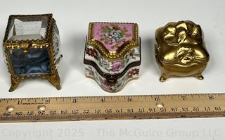 Three (3) Trinket Boxes Including Gilt Art Nouveau and Glass Jewelry Caskets and Limoges France Hand Painted Trinket Box with Three Perfume Bottles