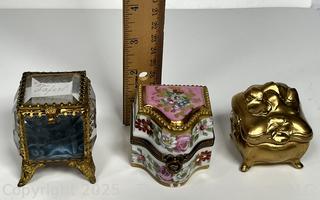Three (3) Trinket Boxes Including Gilt Art Nouveau and Glass Jewelry Caskets and Limoges France Hand Painted Trinket Box with Three Perfume Bottles