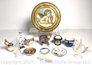 Collection of Porcelain Decorative Items and Reverse Painted Flue Cover