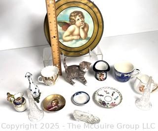 Collection of Porcelain Decorative Items and Reverse Painted Flue Cover