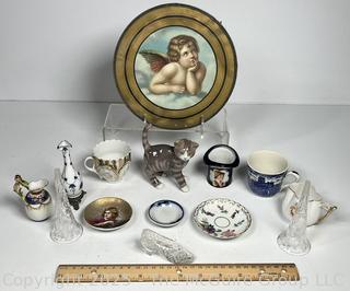 Collection of Porcelain Decorative Items and Reverse Painted Flue Cover