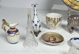 Collection of Porcelain Decorative Items and Reverse Painted Flue Cover