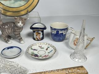 Collection of Porcelain Decorative Items and Reverse Painted Flue Cover