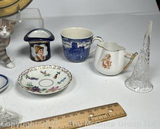 Collection of Porcelain Decorative Items and Reverse Painted Flue Cover