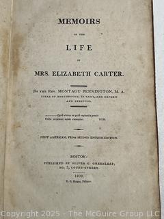 Leather Bound with Gilt Decoration 1809 Memoirs Of The Life Of Mrs. Elizabeth Carter 1st American Edition Book.