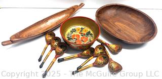 Wood Serving Ware Including Khokhloma Lacquer Russian Bowl and Spoons