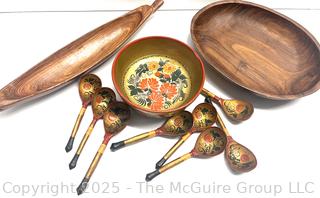 Wood Serving Ware Including Khokhloma Lacquer Russian Bowl and Spoons
