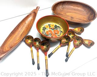 Wood Serving Ware Including Khokhloma Lacquer Russian Bowl and Spoons