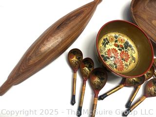 Wood Serving Ware Including Khokhloma Lacquer Russian Bowl and Spoons