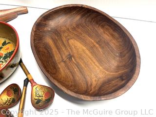 Wood Serving Ware Including Khokhloma Lacquer Russian Bowl and Spoons