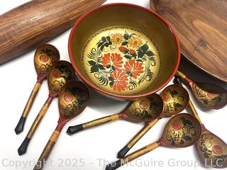 Wood Serving Ware Including Khokhloma Lacquer Russian Bowl and Spoons