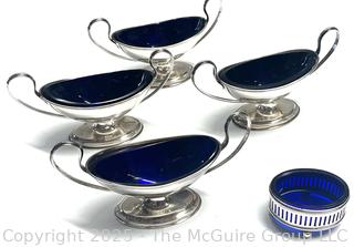Four (4)  Silver Plate with Cobalt Blue Glass Liner Pedestal Salt Cellars and Matching Wine Coaster