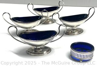 Four (4)  Silver Plate with Cobalt Blue Glass Liner Pedestal Salt Cellars and Matching Wine Coaster