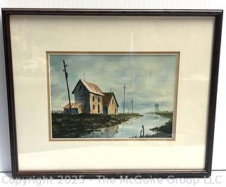 Framed Under Glass Watercolor of Landscape with House Signed by Artist Patrick Kelly.  16" x 14"
