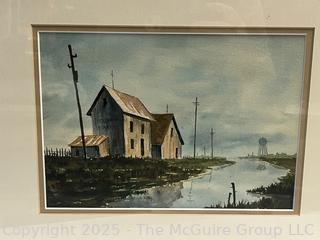 Framed Under Glass Watercolor of Landscape with House Signed by Artist Patrick Kelly.  16" x 14"