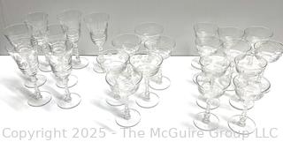 Set of Etched Clear Crystal Stemmed Glass Goblets