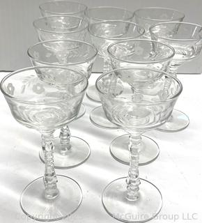 Set of Etched Clear Crystal Stemmed Glass Goblets