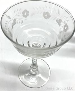 Set of Etched Clear Crystal Stemmed Glass Goblets