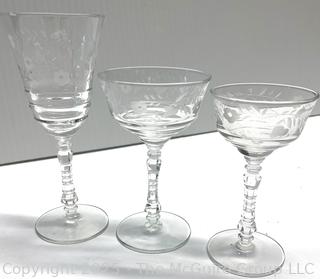Set of Etched Clear Crystal Stemmed Glass Goblets