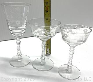 Set of Etched Clear Crystal Stemmed Glass Goblets