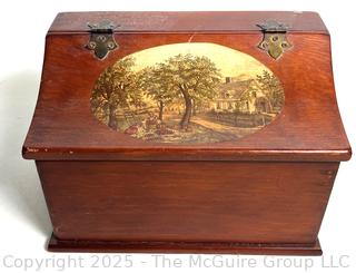 Hinged Wooden Storage Box with Pastoral Farmhouse Scene