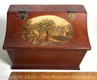 Hinged Wooden Storage Box with Pastoral Farmhouse Scene