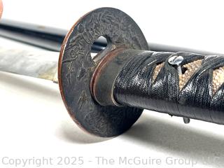 18th Century Edo Period Japanese Handmade Wakizashi Short Sword with Lacquered Scabbard and Sageo
