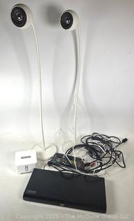 LG Blue-ray Player, SONOS Audio Amplifier, Speakers, and Remotes.