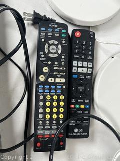 LG Blue-ray Player, SONOS Audio Amplifier, Speakers, and Remotes.