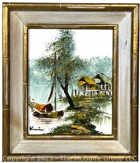 Framed Oil on Canvas Asian Fishing Scene Signed by Artist. 