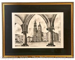 Framed Under Glass, Pen On Paper of City Scene. 18 x 23"